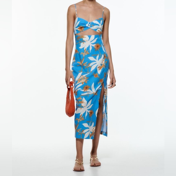 Zara blue floral cut out midi dress size S NWOT - Picture 4 of 10